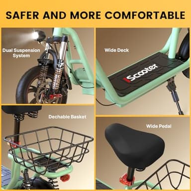 iScooter Electric Scooter with Seat, 21 Miles Long Range & 15.6 Mph Top Speed, 12" Pneumatic Tire, Height Adjustable Seat & Handlebar, Dual Suspensions Commuting Scooter with Basket (Green) - Image 5
