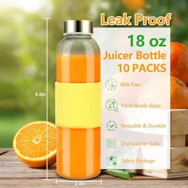Zukro Glass Water Bottles with Lids & Silicone Grip Sleeve 18 oz, 10 Pack Reusable 100% Leak Proof Juice Bottles With Stainless Steel Cap for Juicing, Smoothie Drinking Jar, Fridge & Dishwasher Safe - Image 3