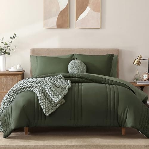 Monbix Queen Comforter Set - 7 Pieces Olive Green Bed in a Bag Queen Bedding Sets with Comforters, All Seasons Down Alternative Comforter Bed Set with Sheets, Pillowcases & Shams - Image 1