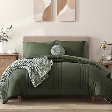 Monbix Queen Comforter Set - 7 Pieces Olive Green Bed in a Bag Queen Bedding Sets with Comforters, All Seasons Down Alternative Comforter Bed Set with Sheets, Pillowcases & Shams - Image 1