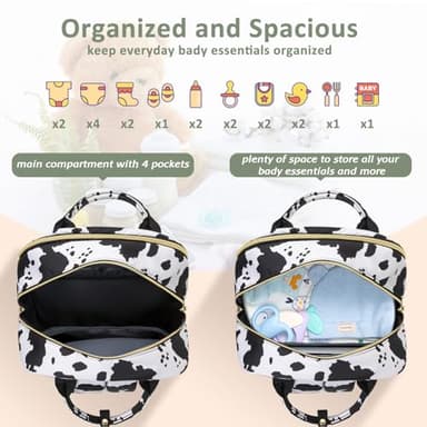 Pritent Diaper Bag Backpack,Baby Essentials Diapers Bag with Pacifier Case,Multipurpose Stylish Large Capacity Travel Backpack for Baby Girl/Boy(L-Cow Print) - Image 4