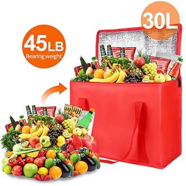 Bodaon 1-Pack Insulated Reusable Grocery Shopping Bags, X-Large Picnic Cooler Bag with Zipper Zippered Top Cold, Insulated Food/Pizza Delivery Bag (Red) - Image 4