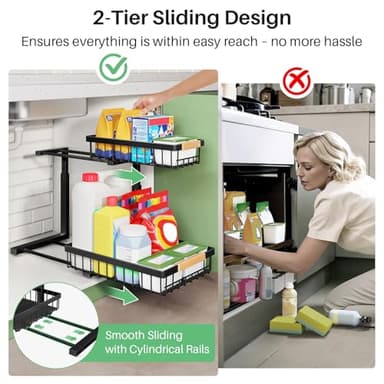 Under Sink Organizer, 2 Packs 2 Tier Under Sink Organizers and Storage, Slide out Pull out Cabinet Organizer Shelf, Metal Sliding Drawer for Kitchen Bathroom Pantry Cabinet Closet Organization Rack - Image 6