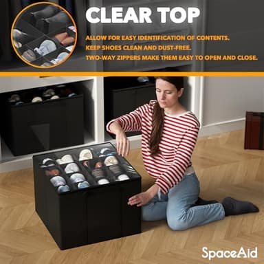 SpaceAid Shoe Organizer for Closet, 2 Pack Foldable Shoe Storage Containers Baskets Boxes Bins w/Adjustable Dividers, Fits 16-32 Pairs, Black - Image 4