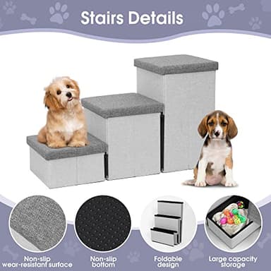 Heeyoo Dog Stairs with Storage, Foldable Dog Steps for Small Dogs, 3 Tiers Non-Slip Pet Stairs for High Beds Or Couch and Sofa, Hold up to 200 lbs Pet Cat - Image 3