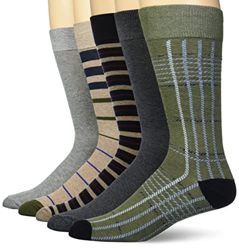 Amazon Essentials Mens Comfortable Patterned Dress Socks, 5 Pairs, Black/Brown/Dark Grey/Green/Grey, Size 13-15 - Image 1