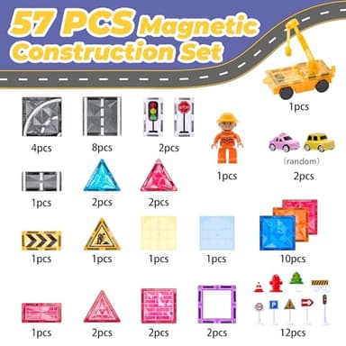 Magnetic Tiles Road Set with Car Crane and Toy Figurine, Construction Tiles Building Blocks Set for Kids Birthday Gifts, Educational STEM Sensory Toys for 3 4 5 6 7 8+ Year Old Toddlers Boys Girls - Image 2