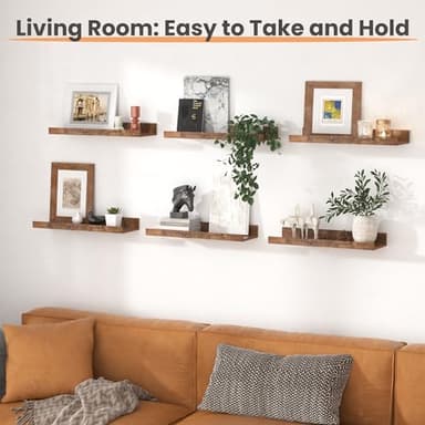 upsimples Floating Shelves for Wall, Wall Shelves for Decor Storage Set of 6, Wall Mounted Wood Shelf for Bedroom, Living Room, Bathroom, Kitchen, Picture Ledge Shelf, Brown - Image 6