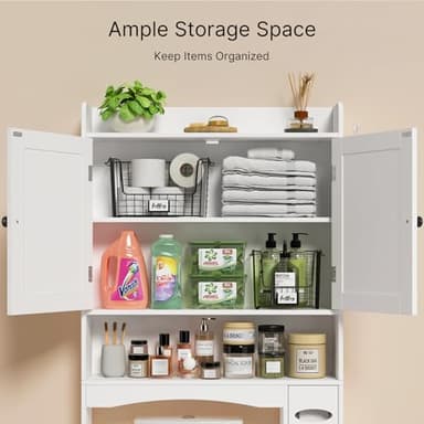 Ahomly Over The Toilet Storage Cabinet, 32.3" W Over Toilet Bathroom Organizer with Doors, Adjustable Shelves, Toilet Paper Holder, 2 Side Hooks, Space-Saver for Bathroom, Laundry, White - Image 3