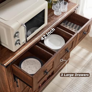 OKD 72" Farmhosue Bar Cabinet with Sliding Barn Door, Large Kitchen Buffet with Hutch w/Wine & Glasses Rack, 3 Drawers, 12 Storage Shelves, Rustic Coffee Bar Sideboard Table, Reclaimed Barnwood Color - Image 6