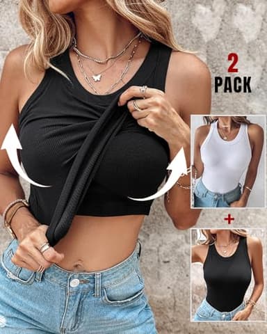 CHICME 2 Piece Built in Bra Tank Tops for Women Ribbed Tank Top Fitness Racerback Workout Tops Black White-L - Image 2