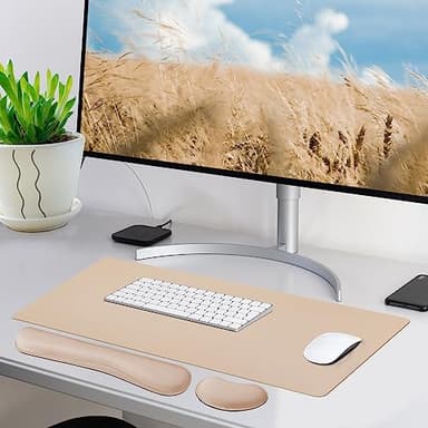 Bloss Leather Desk Pad and Keyboard Wrist Rest, Large Mouse Pad + Keyboard Pad+Mouse Wrist Support, Non-Slip Desk Mat Protector for Office, Home(31.5×15.7 Inches,Beige) - Image 2