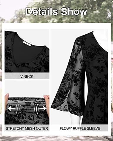 Bebonnie Womens Blouses and Tops Dressy, Bell Sleeve Tops for Women Spring Summer V Neck Business Casual Dress Shirts for Work Office Wear Sheer Swing Blouses Loose Fit Flowy Tunics Black Floral XL - Image 6