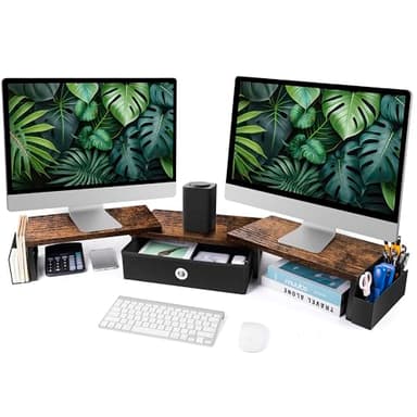 Dual Monitor Stand Riser With Drawer, Office Desk Organizers And Accessories, Computer Monitor Riser For 2 Monitors For Desk, Monitor Shelf With Adjustable Length & Angle - Image 1