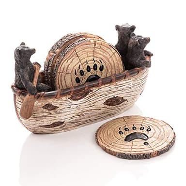 Bear Coasters Set of 6 Full Size Rustic Coasters in Handmade Canoe with Adorable Black Bear Figurines | Black Bear Log Cabin Decorations, Rustic Lodge Decor for The Home - Image 8