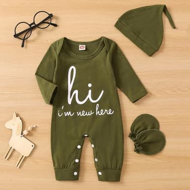GRNSHTS Newborn Baby Boy Romper Coming Home Outfits Letter Print Bodysuit Jumpsuit+Hat+Gloves 3PCS Clothes Set (Army Green, Newborn) - Image 2