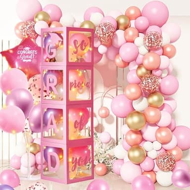 AYGXU Graduation decorations class of 2025 pink- Graduation Decorations, Balloons Box (4PCS) with letters&balloons,balloon stand set for table,LED String Light,graduation party decorations - Image 2