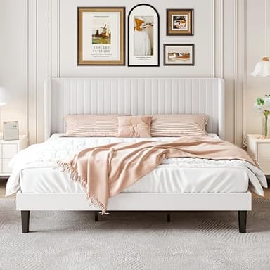 SHA CERLIN King Size Velvet Bed Frame with Vertical Channel Tufted Wingback Headboard, Upholstered Platform Bed with Wood Slats, No Box Spring Needed, Easy Assembly, White - Image 3