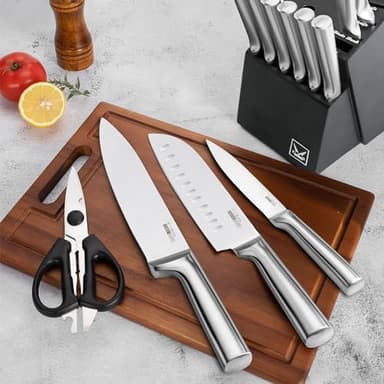 Knife Set, 16 Pieces Kitchen Knife Set with Wood Block, Chef Knife with 6 Pieces Steak Knife, High Carbon Stainless Steel Japanese Knives for Multipurpose Cooking - Image 7