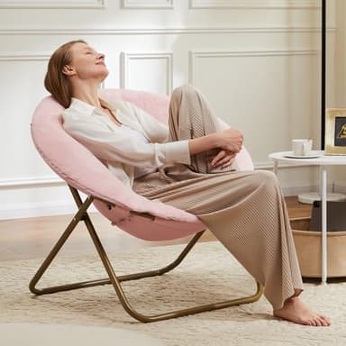 DUMOS Comfy Saucer Chairs Cozy Faux Fur Soft Lounge Cute Folding Bedroom Living Room Seat Flexible Reading Foldable Seating for Kids Adults Thick Padded Metal Frame Modern for Home Office Pink - Image 8