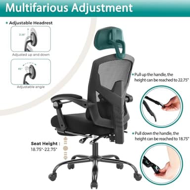 DUMOS Home Office Desk Chair with Footrest, High-Back Mesh Rolling Swivel Reclining Chairs with Wheels, Comfortable Headrest, Lumbar Support, Comfy Arms for Home, Office, Gaming, Student, Black - Image 7