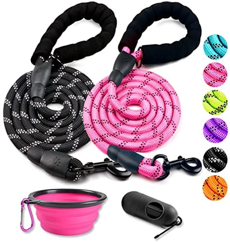 COOYOO 2 Pack Dog Leash 6 FT Heavy Duty - Comfortable Padded Handle - Reflective Dog Leash for Medium Large Dogs with Collapsible Pet Bowl Set 1-Black+Pink - Image 1