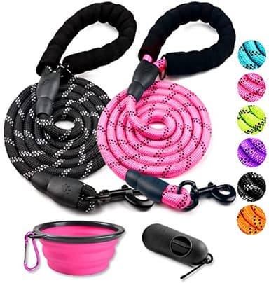 COOYOO 2 Pack Dog Leash 6 FT Heavy Duty - Comfortable Padded Handle - Reflective Dog Leash for Medium Large Dogs with Collapsible Pet Bowl Set 1-Black+Pink - Image 1