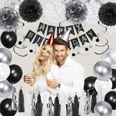 YGYXMY Birthday Decorations for Men, Black and Silver Happy Birthday Party Decorations, Black and White Party Supplies - Banner, Balloons, Tissue Pompoms, Swirls, Tassels Garland - Image 5
