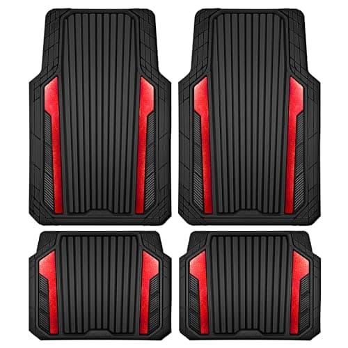 CAR PASS Heavy Duty Rubber Car Mats Metallic, Aluminum Film All Weather Floor Mats Waterproof Universal Trim to Fit Automotive SUV Sedan Van 4 Piece Anodized Deep Dish Two-Tone Sporty Black Red Chrome - Image 1