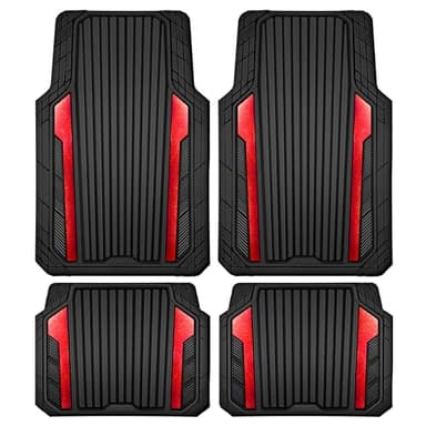 CAR PASS Heavy Duty Rubber Car Mats Metallic, Aluminum Film All Weather Floor Mats Waterproof Universal Trim to Fit Automotive SUV Sedan Van 4 Piece Anodized Deep Dish Two-Tone Sporty Black Red Chrome - Image 1