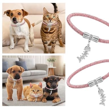 Rhinestone Cat Collar, Sparkly Necklace for Girl Cats, Detachable Diamond Glitter Collar with a Fish Pendant Accessory, Collars Diameter 3.76 inch, for Princess Kitty(Light Pink, 30) - Image 3