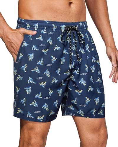 Gleeease Mens Lined Swim Trunks: 7 inch Quick Dry Stretchy Soft with Mesh Liner Sea Beach Pool Water Sport Coconut Tree Navy - Image 1