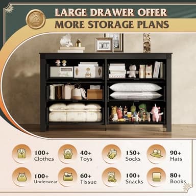 WLIVE Farmhouse Black Dresser for Bedroom, 53.07'' Wide 6 Drawer Wood Dresser, Chest of Drawers with Double Rustic Handle, TV Stand for 60 inch TV, Modern Clothes Organizer for Living Room, Hallway - Image 4