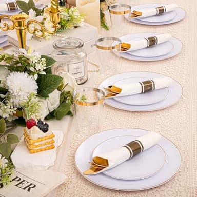 KIRE 350 PCS White and Gold Plates Disposable - Elegant Dinnerware Set of 50 Guest, White Plastic Plates With Gold Rim, Pre Rolled Napkins with Silverware & Cups for Thanksgiving Party/Wedding - Image 7