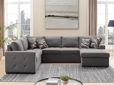 THSUPER 123'' Sectional Sleeper Sofa Couch with Pull Out Bed, 6 Seater U Shaped Oversized Comfy Linen Sleeper Sectional Sofas Couches with Storage Chaise for Living Room, Gray - Image 2