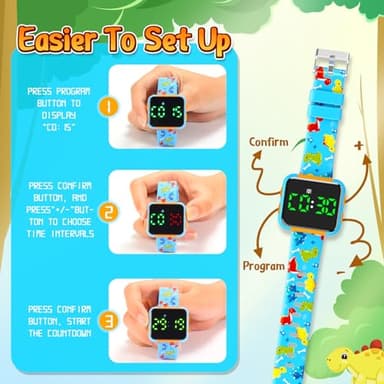 Etuwoe Potty Training Watch for Kids: Water Resistant Potty Watches for Toddler Boys Adjustable Volume Rechargeable Toilet Reminder Dinosaur Toddler Watch Birthday Gifts for 2 3 4 Year Old Boy(Blue) - Image 4