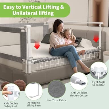 3-Piece King Size Bed Rail for Toddlers - Adjustable Baby Bed Rail Guard, Kids Safety Bed Rail for King Size Bed (78.7"x78.7"x74.8"-Grey - Image 4