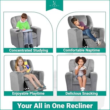 Naomi Home Suri Kids Recliner Chair with Cup Holder & Footrest, Gray Microfiber - Cozy Lounge for Toddlers & Children - Image 8