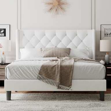 Feonase Queen Size Bed Frame with Diamond Tufted Wingback Headboard, Upholstered Platform Bed, Sturdy Wooden Slats Support, Noise-Free, No Box Spring Needed, Easy Assembly, White - Image 7