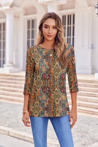 Zeagoo Tops For Women's Crew Neck 3/4 Sleeve Loose Fit Boho Casual Blouse For Spring Summer Fashion Tunic Tops 2025 - Image 2