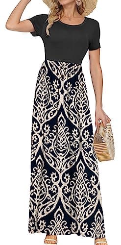 AUSELILY Women's Short Sleeve Loose Plain Casual Long Maxi Dresses for Women 2025 Black Khaki M - Image 1