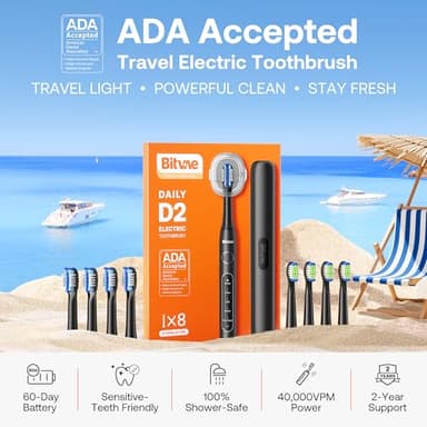 Bitvae ADA Accepted Electric Toothbrush, Travel Toothbrush Rechargeable for Adults and Kids, 60-Day Battery, 5 Modes, 8 Heads, Portable Travel Case & Holder, Shadow Black - Image 2