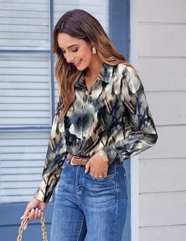 Zeagoo Button Down Shirts for Women Dressy Casual Blue Grey Print Long Sleeve Blouses Spring Work Tops Fashion Outfit - Image 2