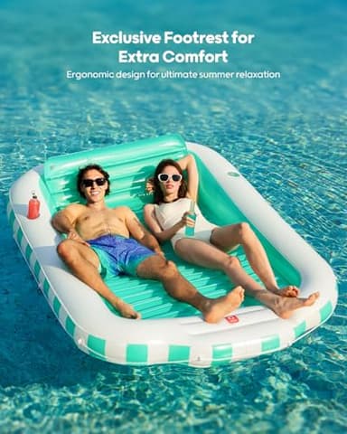 QPAU Inflatable Tanning Pool Float for Adults, 82" x 60" XL Sun Lounger with Removable Pillow, Footrest, Cup Holders, Cushion Base, Durable PVC, for Pool, Patio, Garden, Lake Use - Image 2