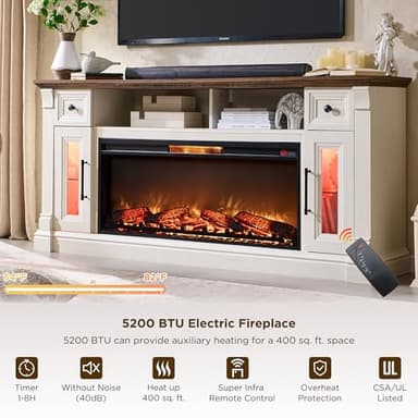 OKD Fireplace TV Stand for 80 Inch TV - Farmhouse Entertainment Center with 42" Electric Fireplace & LED Lights, Wood Media Console with Storage Drawers & Cabinets for Living Room, Antique White - Image 3