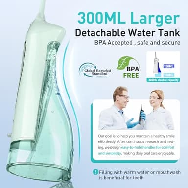 COSLUS Water Dental Flosser Teeth Pick: Portable Cordless Oral Irrigator 300ML Rechargeable Travel Irrigation Cleaner IPX7 Waterproof Electric Flossing Machine for Teeth Cleaning C20(F5020E) Green - Image 3