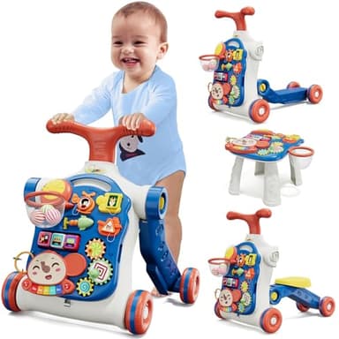 HYES 5 in 1 Baby Push Walker for Baby Boy, Activity Center Learning to Walk, Sit to Stand, Early Learning Push Toys for Infant 12 Months, Walking Toys Gift for Toddler Boys, Blue - Image 1