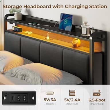 Rolanstar Bed Frame Full Size with Charging Station and LED Lights, Upholstered Headboard with Storage Shelves, Heavy Duty Metal Slats, No Box Spring Need, Noise Free, Easy Assembly, Dark Grey - Image 4