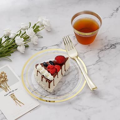 BESTVIP 600PCS Clear Gold Dinnerware Set for 100 Guests, Plastic Plates for Party, Christmas and New Year, 100 Disposable Plates, 100 Dessert Plates, 100 Cups, 100 Spoons, 100 Forks and 100 Knives - Image 3