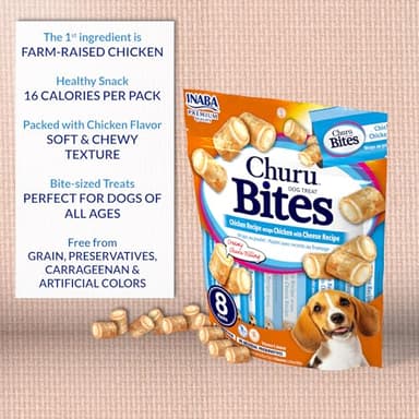 INABA Churu Bites for Dogs, Soft & Chewy Dog Treats, 0.42 Ounces Each Tube, 64 Tubes Total (8 Tubes per Pack), Chicken with Tuna Recipe - Image 3